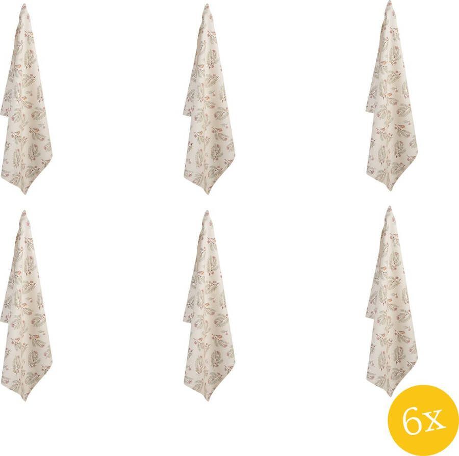 Clayre & Eef Theedoek set van 6 stuks 50x70 cm Beige Groen Katoen Dennentak Keukenhanddoek