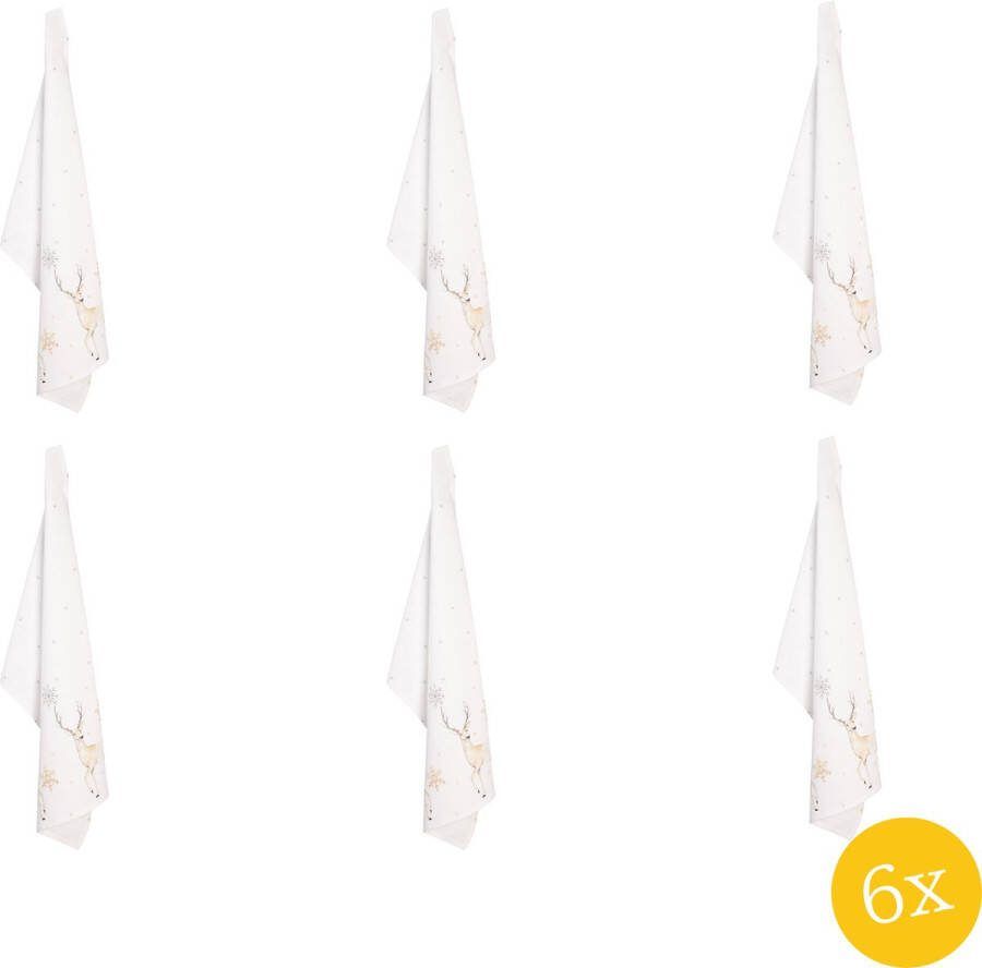 Clayre & Eef Theedoek set van 6 stuks 50x70 cm Wit Beige Katoen Hert Keukenhanddoek
