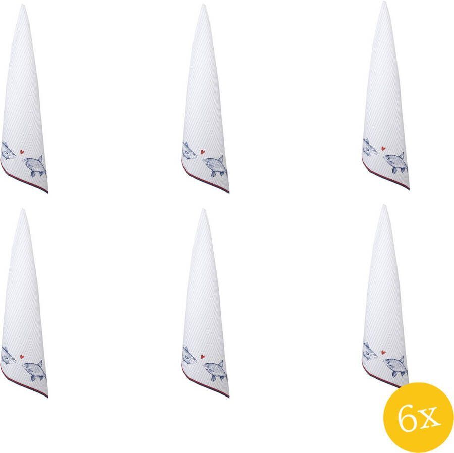 Clayre & Eef Theedoek set van 6 stuks 50x70 cm Wit Blauw Katoen Rechthoek Vissen Keukenhanddoek