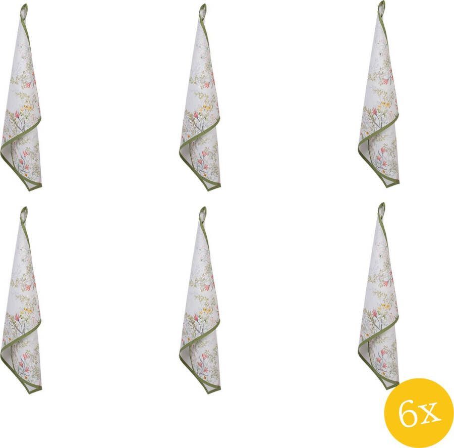 Clayre & Eef Theedoek set van 6 stuks 50x70 cm Wit Katoen Bloemen Keukenhanddoek