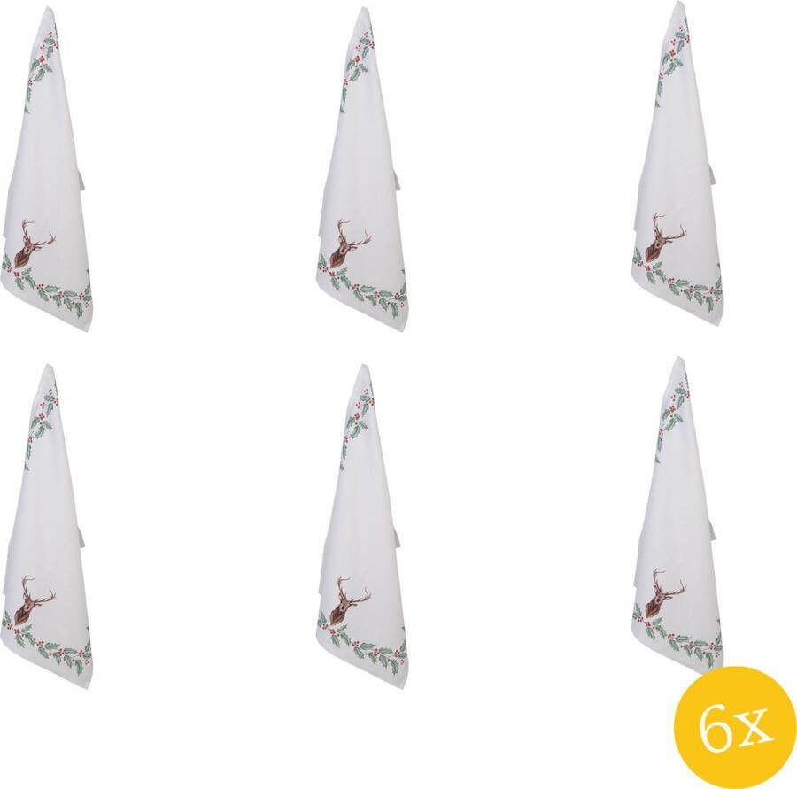 Clayre & Eef Theedoek set van 6 stuks 50x70 cm Wit Rood Katoen Hert Hulstbladeren Keukenhanddoek