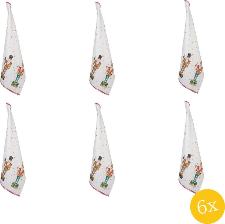 Clayre & Eef Theedoek set van 6 stuks 50x70 cm Wit Rood Katoen Rechthoek Notenkrakers Keukenhanddoek