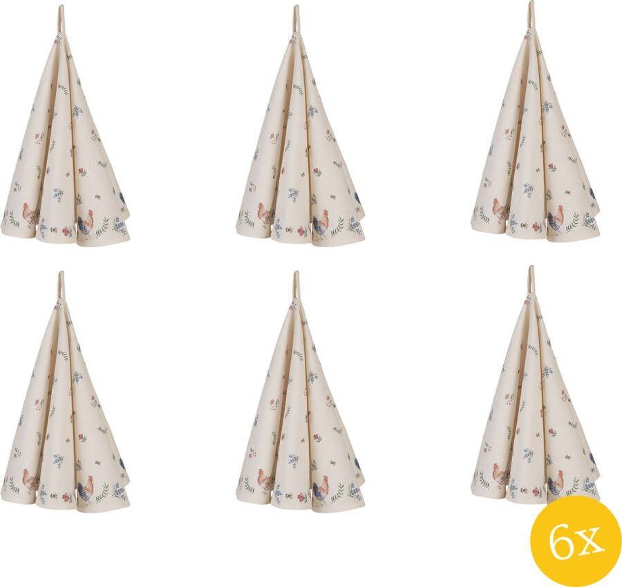Clayre & Eef Theedoek set van 6 stuks Ø 80 cm Beige Blauw Katoen Rond Kip en Haan Keukenhanddoek