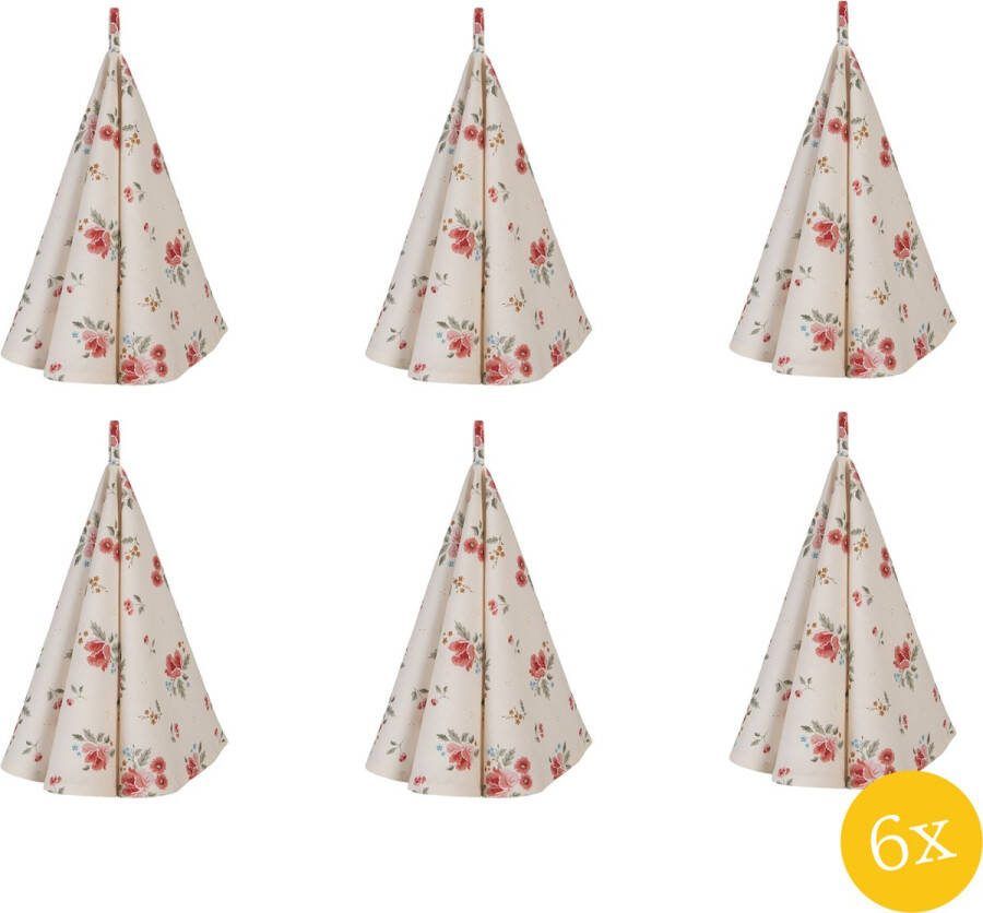 Clayre & Eef Theedoek set van 6 stuks Ø 80 cm Beige Katoen Rond Rozen Keukenhanddoek