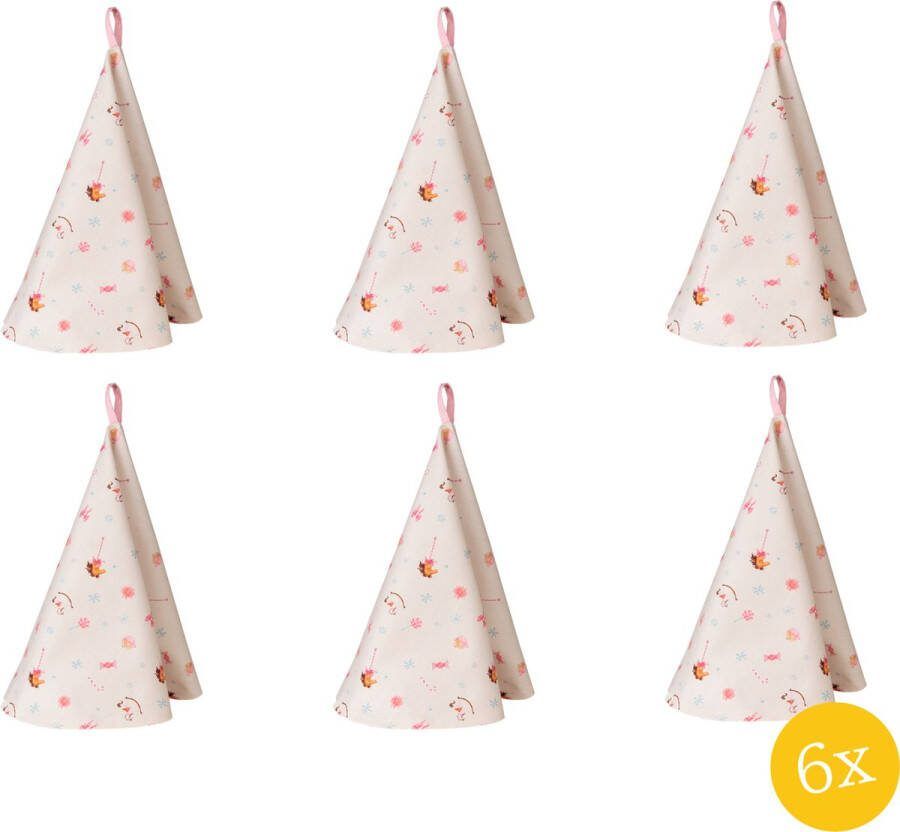 Clayre & Eef Theedoek set van 6 stuks Ø 80 cm Beige Roze Katoen Rond Hobbelpaard Keukenhanddoek