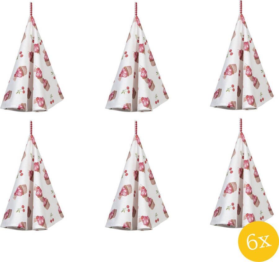 Clayre & Eef Theedoek set van 6 stuks Ø 80 cm Rood Wit Katoen Rond Cupcakes Keukenhanddoek