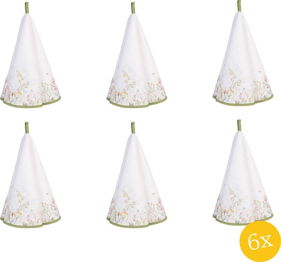 Clayre & Eef Theedoek set van 6 stuks Ø 80 cm Wit Katoen Rond Bloemen Keukenhanddoek