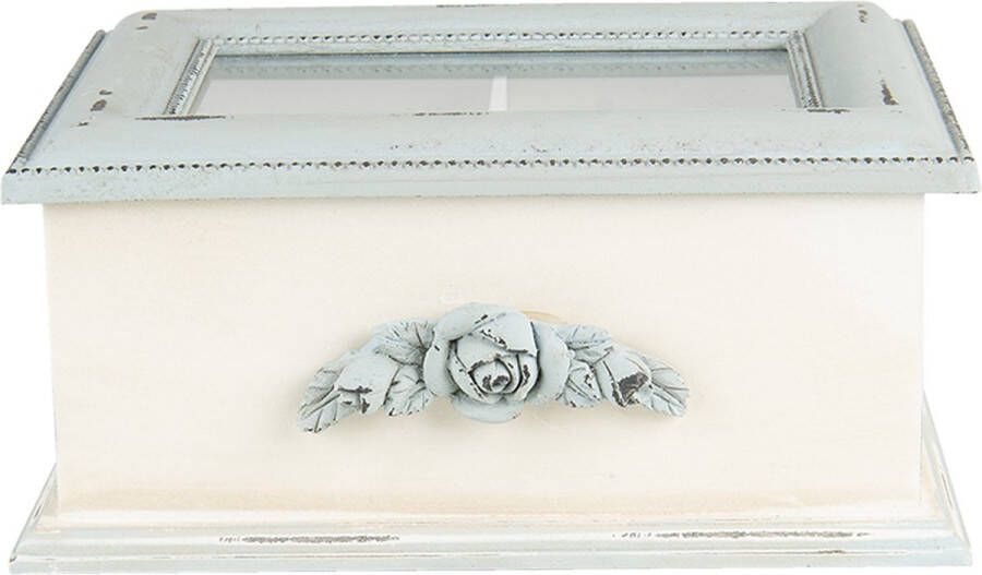 Clayre & Eef Theedoos 1 vak 20x17x9 cm Blauw Beige MDF Glas Rechthoek Theekist