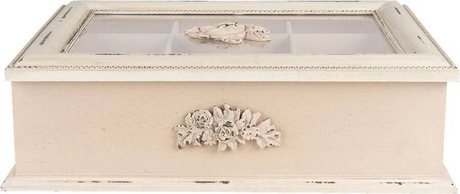 Clayre & Eef Theedoos 9 vakken 32x26x9 cm Beige MDF Glas Rechthoek Bloemen Theekist