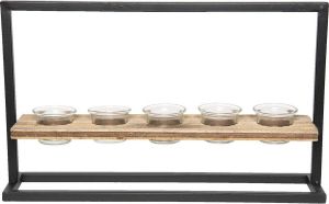 Clayre & Eef Theelichthouder 44*10*26 cm Bruin Ijzer glas hout Waxinelichthouder Windlichthouder WaxinelichthouderWindlichthouder