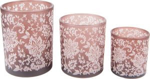 Clayre & Eef Theelichthouder Set van 3 Bruin Wit Glas Rond Bloemen Waxinelichthouder Bruin Waxinelichthouder