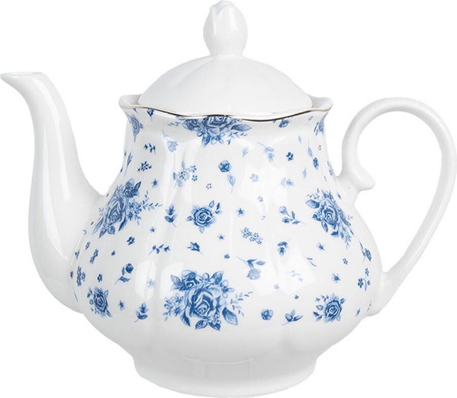 Clayre & Eef Theepot 1000 ml Wit Blauw Porselein Roosjes Blauw