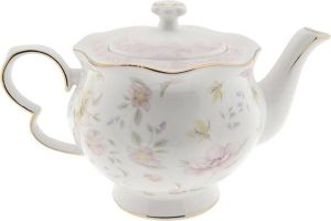 Clayre & Eef Theepot 1200 ml Wit Roze Porselein Rond Bloemen Theekan Cadeau voor haar