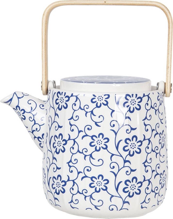 Clayre & Eef Theepot met Filter 800 ml Blauw Wit Porselein Rond Bloemen Theekan Cadeau voor haar Chinese Theepot