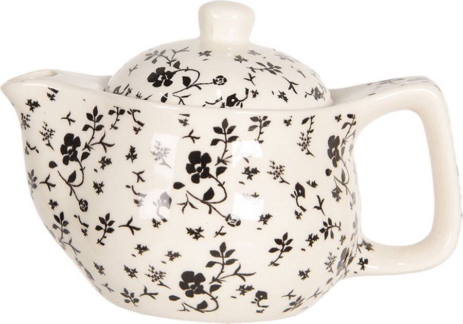 Clayre & Eef Theepot met Filter 400 ml Beige Zwart Porselein Rond Bloemen Theekan Cadeau voor haar Chinese Theepot