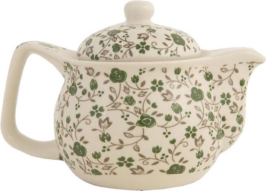 Clayre & Eef Theepot met Filter 700 ml Groen Keramiek Rond Bloemen Theekan Cadeau voor haar Chinese Theepot