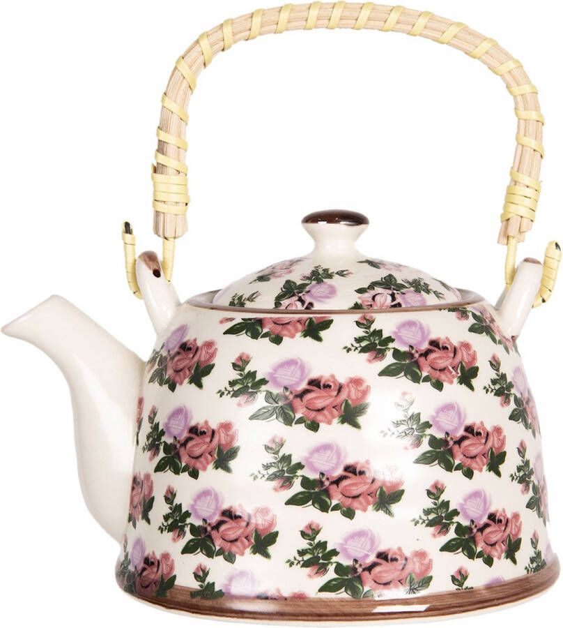 Clayre & Eef Theepot met Filter 600 ml Beige Roze Porselein Rond Bloemen Theekan Cadeau voor haar Chinese Theepot