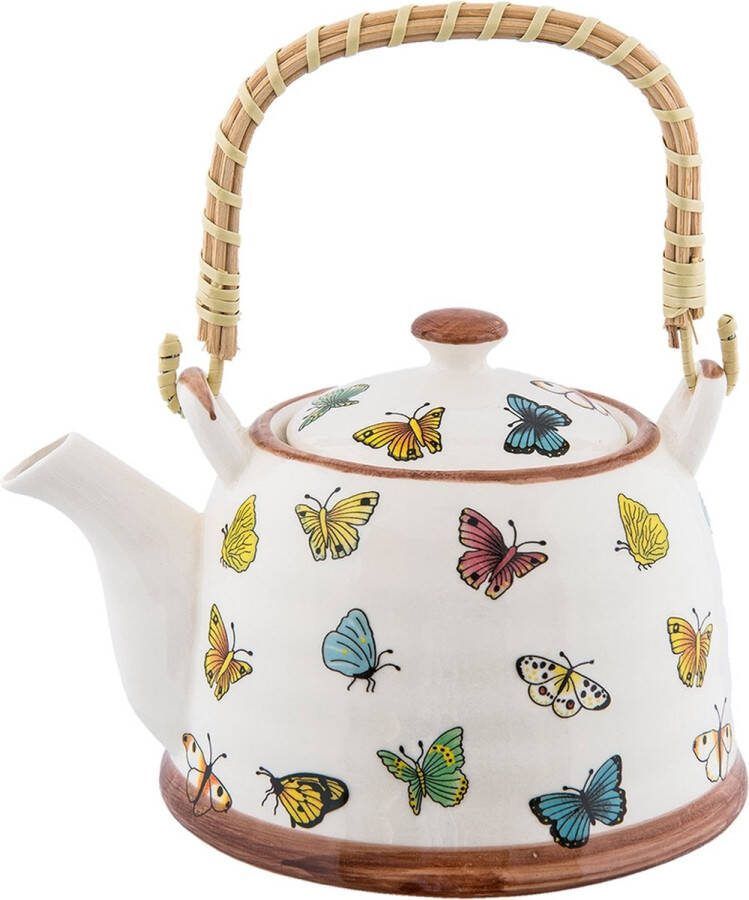 Clayre & Eef Theepot met Filter 700 ml Beige Geel Keramiek Rond Vlinders Theekan