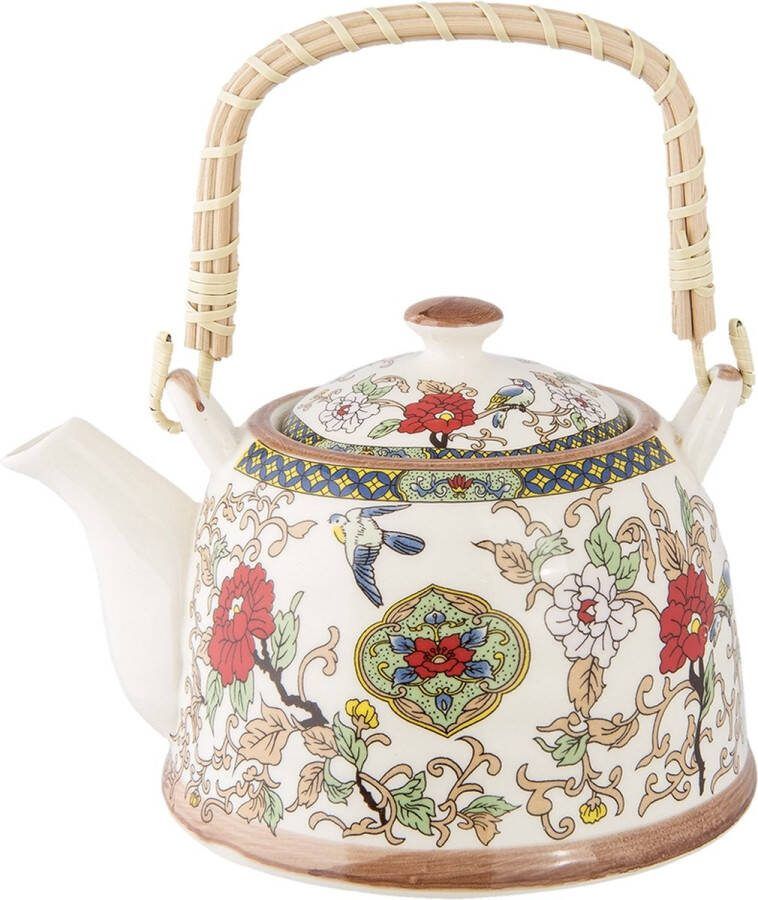 Clayre & Eef Theepot met Filter 700 ml Beige Rood Keramiek Rond Bloemen Theekan