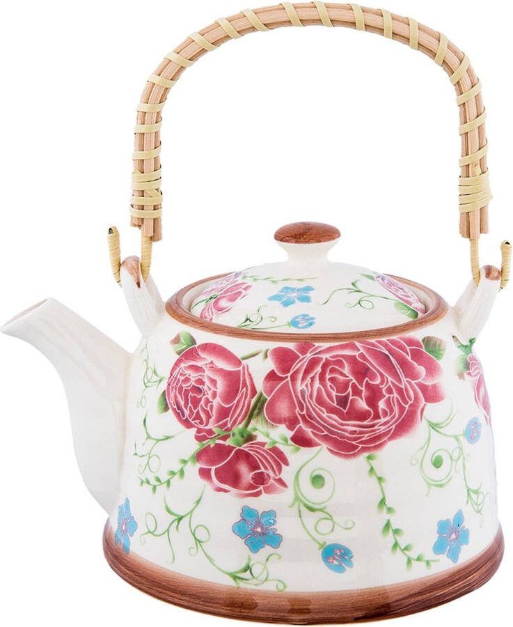 Clayre & Eef Theepot met Filter 700 ml Beige Roze Keramiek Rond Bloemen Theekan