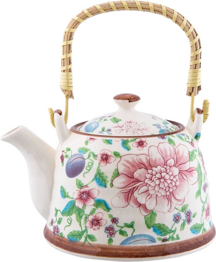 Clayre & Eef Theepot met Filter 700 ml Beige Roze Keramiek Rond Bloemen Theekan Cadeau voor haar Chinese Theepot