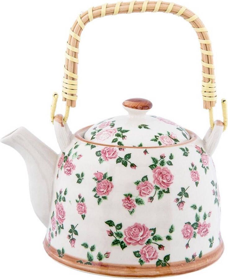 Clayre & Eef Theepot met Filter 700 ml Beige Roze Keramiek Rond Bloemen Theekan Cadeau voor haar Chinese Theepot