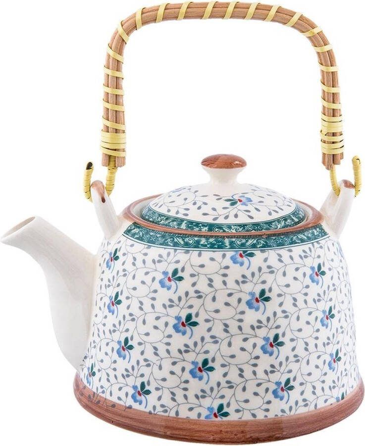 Clayre & Eef Theepot met Filter 700 ml Blauw Keramiek Rond Bloemen Theekan