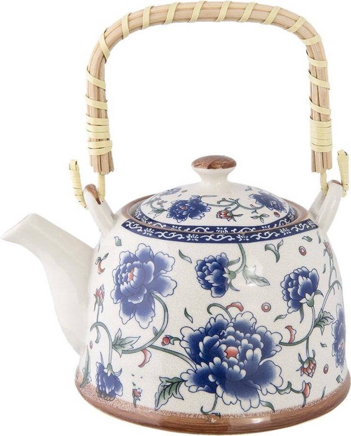 Clayre & Eef Theepot met Filter 700 ml Blauw Keramiek Rond Bloemen Theekan