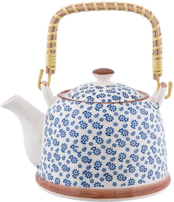 Clayre & Eef Theepot met Filter 700 ml Blauw Keramiek Rond Bloemen Theekan