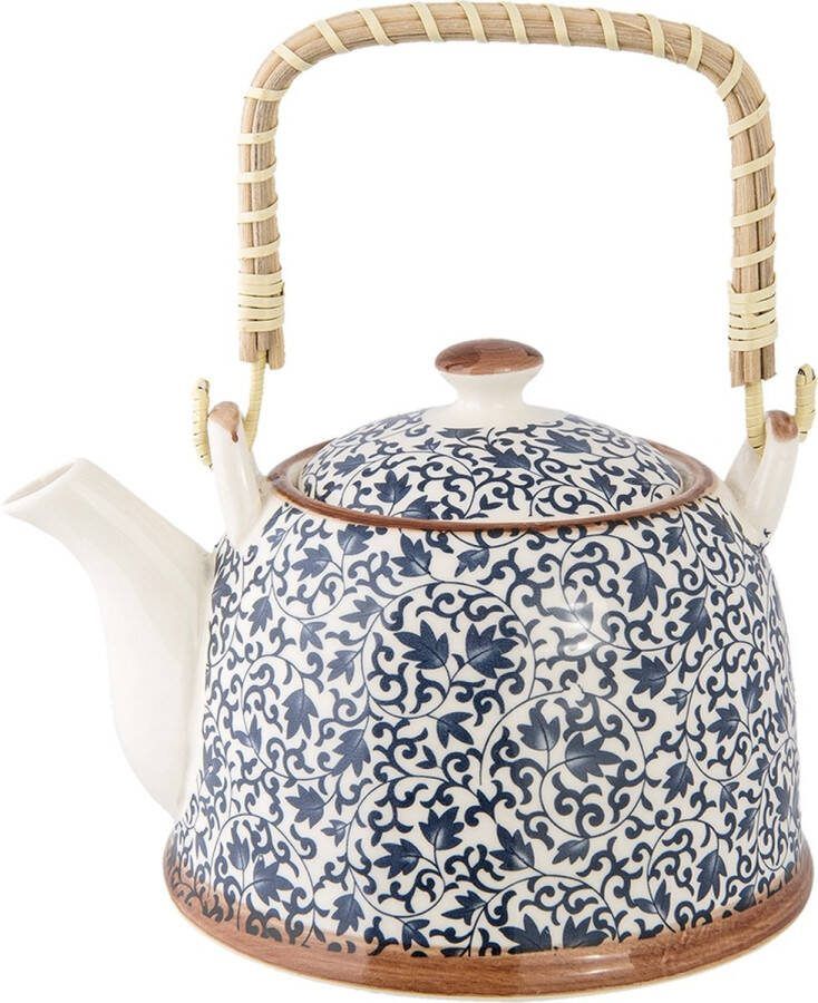 Clayre & Eef Theepot met Filter 700 ml Blauw Keramiek Rond Bloemen Theekan