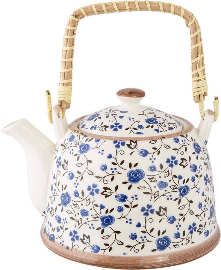Clayre & Eef Theepot met Filter 700 ml Blauw Keramiek Rond Bloemen Theekan