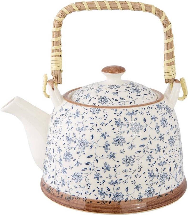 Clayre & Eef Theepot met Filter 700 ml Blauw Keramiek Rond Bloemen Theekan