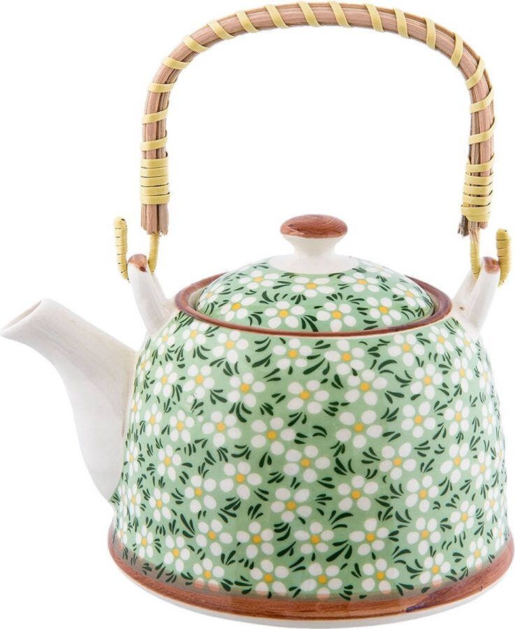 Clayre & Eef Theepot met Filter 700 ml Groen Keramiek Rond Bloemen Theekan