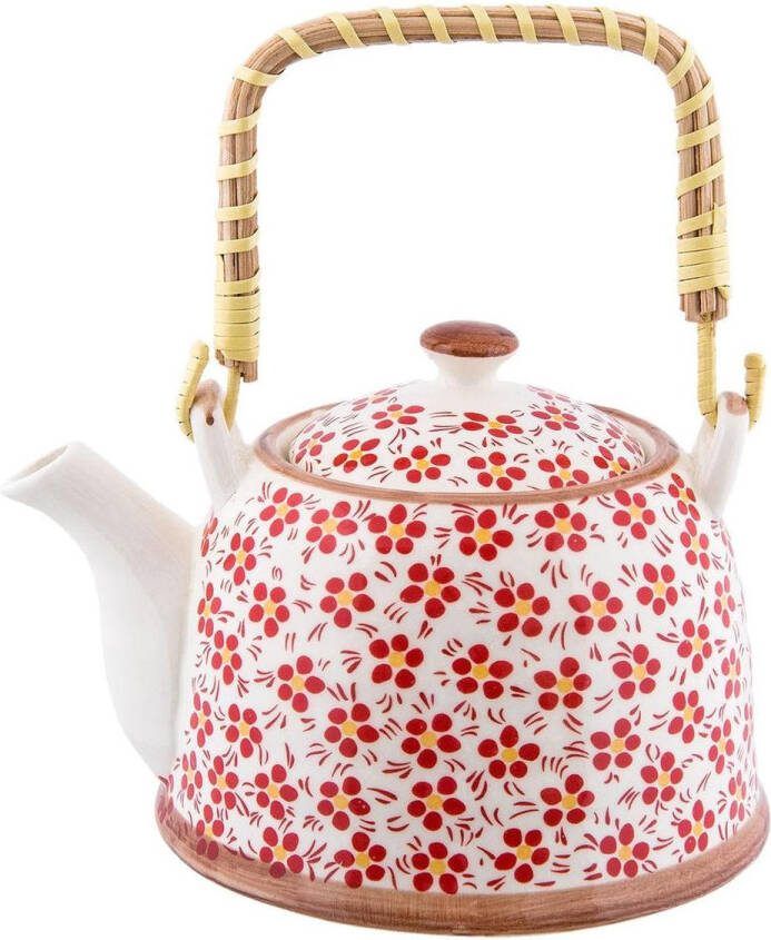 Clayre & Eef Theepot met Filter 700 ml Rood Keramiek Rond Bloemen Theekan