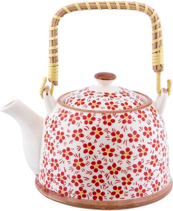 Clayre & Eef Theepot met Filter 700 ml Rood Keramiek Rond Bloemen Theekan Cadeau voor haar Chinese Theepot