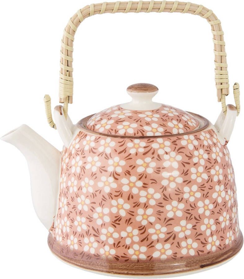 Clayre & Eef Theepot met Filter 18*14*12 cm 700 ml Roze Keramiek Bloemen Rond Theekan Japanse Theepot Chinese Theepot TheekanJapanse TheepotChinese Theepot