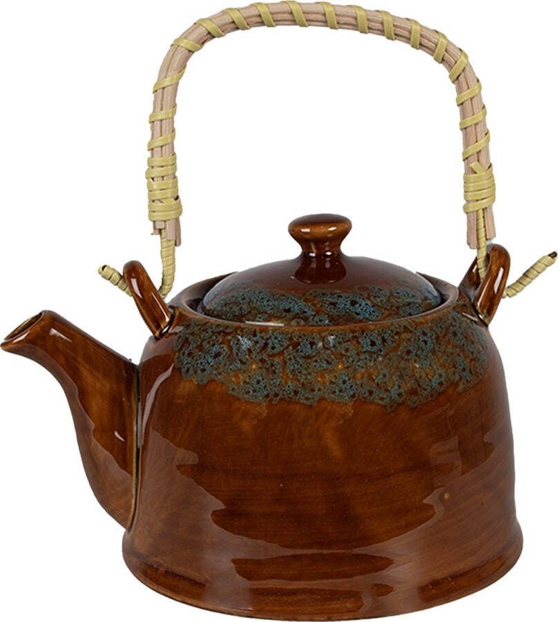 Clayre & Eef Theepot met Filter 750 ml Bruin Blauw Keramiek Theekan Bruin Theekan