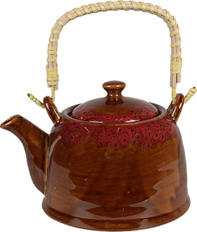 Clayre & Eef Theepot met Filter 750 ml Bruin Rood Keramiek Theekan Bruin Theekan