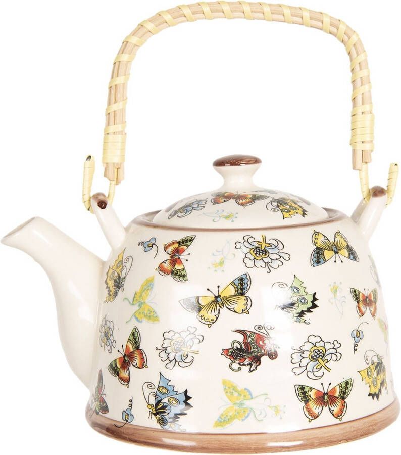 Clayre & Eef Theepot met Filter 18*14*12 cm 800 ml Meerkleurig Porselein Rond Vlinders Theekan Cadeau voor haar Chinese Theepot
