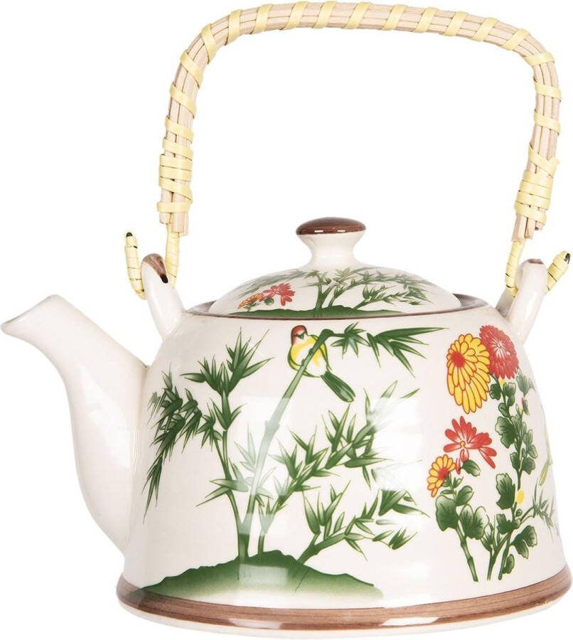 Clayre & Eef Theepot met Filter 800 ml Beige Groen Porselein Rond Bloemen Theekan