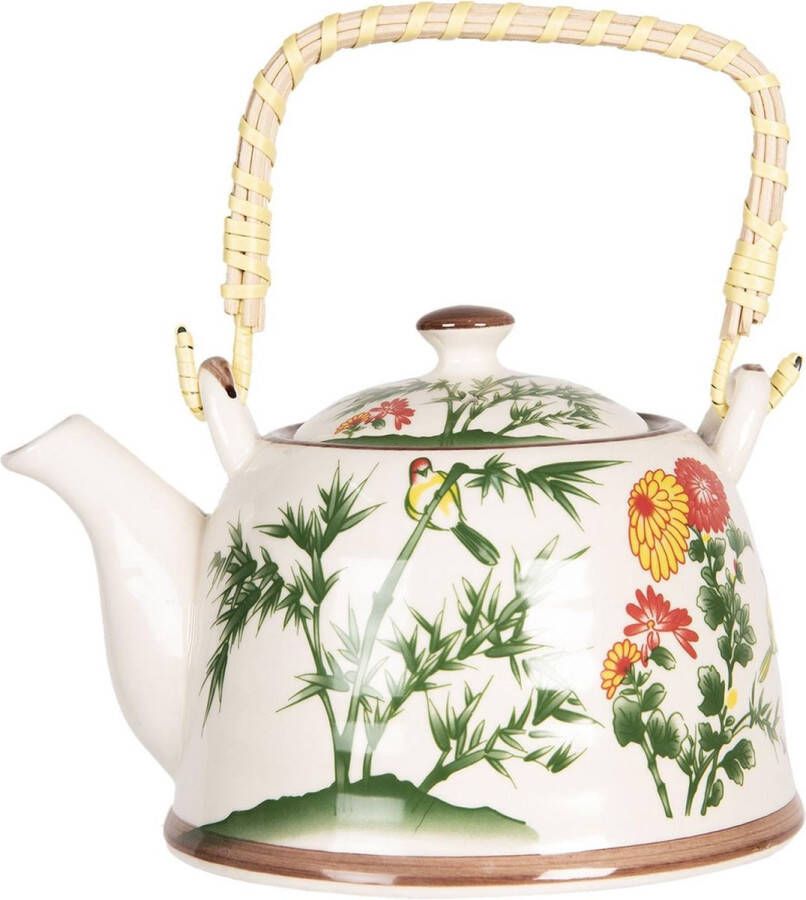 Clayre & Eef Theepot met Filter 800 ml Beige Groen Porselein Rond Bloemen Theekan Cadeau voor haar Chinese Theepot