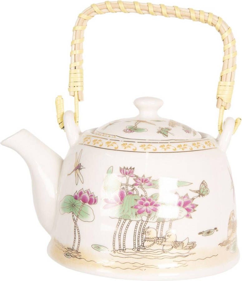 Clayre & Eef Theepot met Filter 800 ml Beige Roze Porselein Rond Bloemen Theekan Cadeau voor haar Chinese Theepot