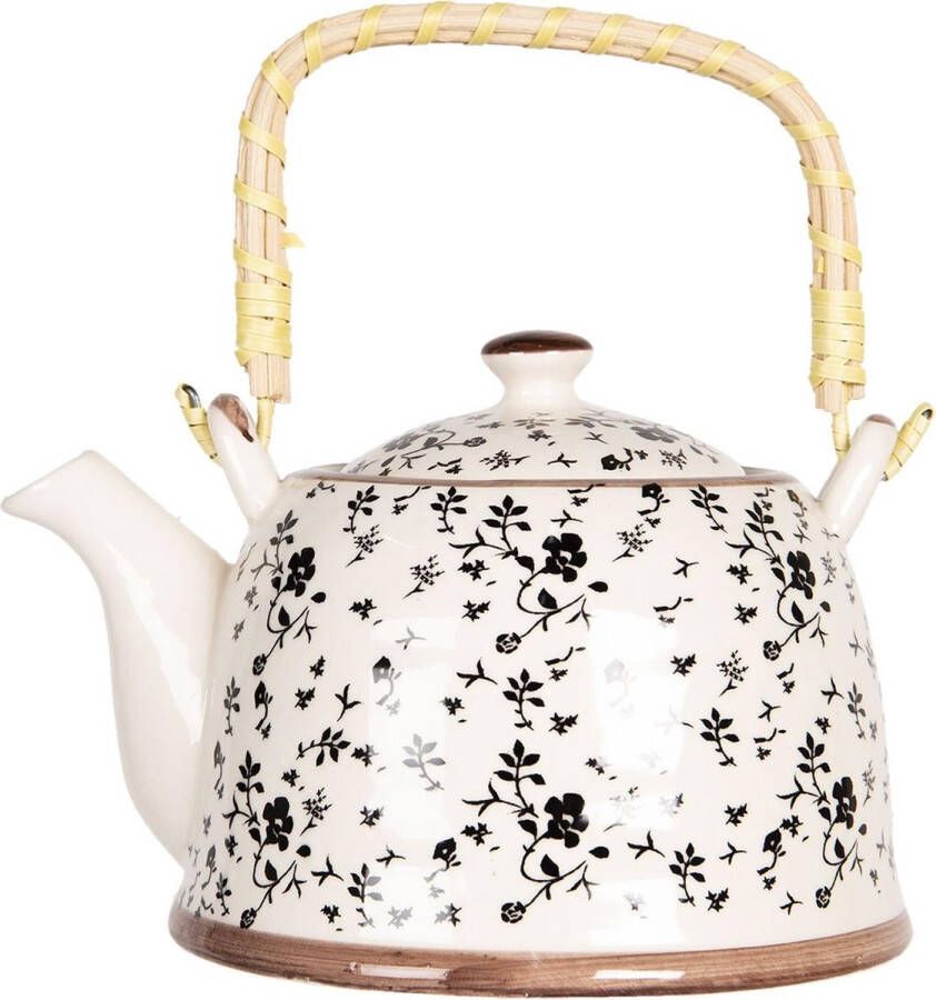 Clayre & Eef Theepot met Filter 800 ml Beige Zwart Porselein Rond Bloemen Theekan Cadeau voor haar Chinese Theepot