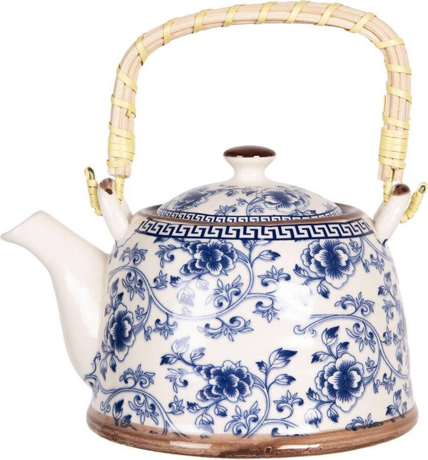 Clayre & Eef Theepot met Filter 800 ml Blauw Porselein Rond Bloemen Theekan