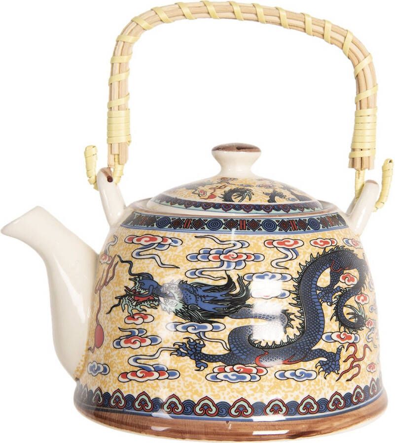 Clayre & Eef Theepot met Filter 18*14*12 cm 800 ml Meerkleurig Porselein Chinese draak Rond Theekan Japanse Theepot Chinese Theepot TheekanJapanse TheepotChinese Theepot