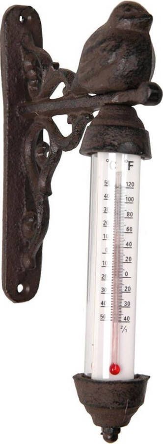 Clayre & Eef Thermometer Buiten 10*5*16 cm Bruin Ijzer Vogel Rond Thermometer Gietijzer Thermometer Tuin Thermometer GietijzerThermometer Tuin