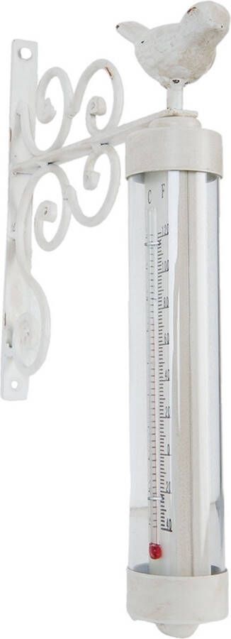 Clayre & Eef Thermometer Buiten 19x4x29 cm Wit Ijzer Rond Vogel Thermometer Gietijzer Thermometer Tuin