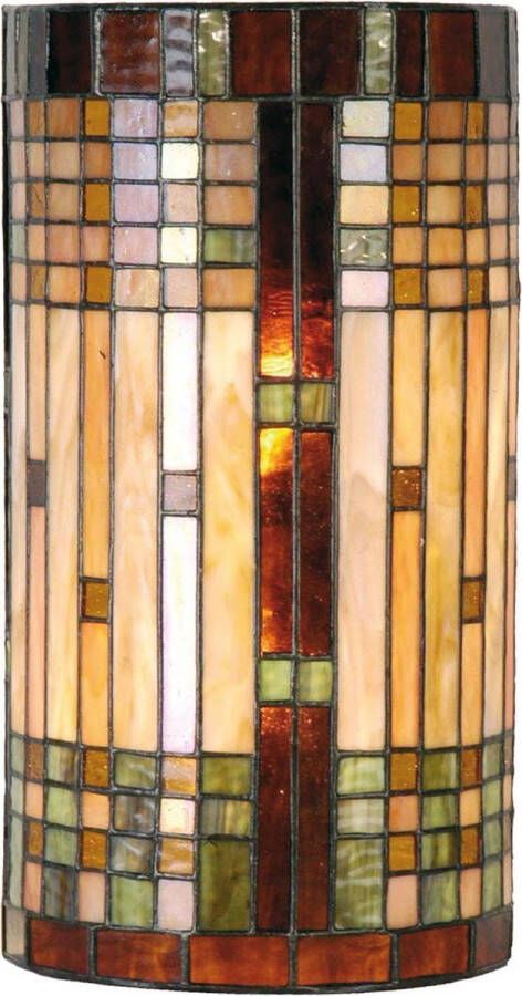 Clayre & Eef LumiLamp Wandlamp Tiffany 20x11x36 cm Beige Bruin Glas Halfrond Muurlamp Sfeerlamp Glas in Lood