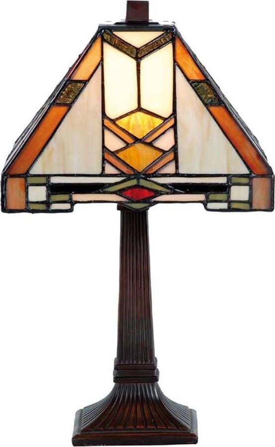 Clayre & Eef LumiLamp Tiffany Tafellamp 22x22x38 cm Beige Geel Glas Tiffany Bureaulamp Beige Tiffany Bureaulamp