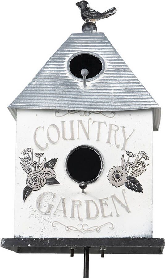 Clayre & Eef Tuinsteker 18x13x109 Cm Grijs Wit Metaal Bloemen Country Garden Tuinprikker Gazonsteker Tuin Decoratie